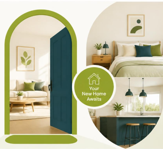 An open front door leading into a bright living room, with inset photos of a bedroom and kitchen, captioned 'Your New Home Awaits'
